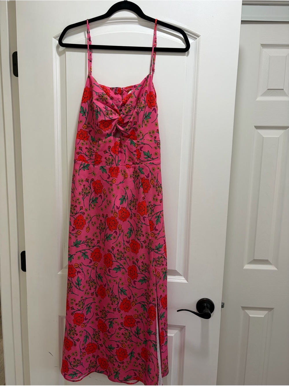 Finders Keepers Pink Red Floral Twist Front Cutout Midi Dress Slit Size XL 10